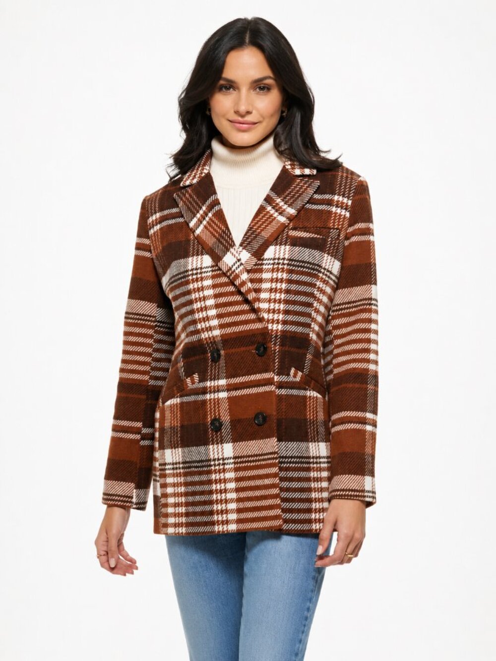 Levi's Double Breasted Wool Blend Blazer L Brown Plaid Heavy Knit Fall Autumn - Picture 4 of 9
